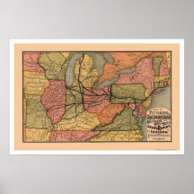 Carte colorée 1874 de chemin de fer posters