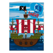 Carte d'anniversaire de scène de bateau de pirate 