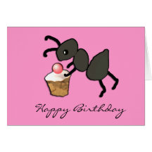 Carte d'anniversaire rose mignonne de fourmi et de