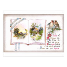 Carte d'anniversaire vintage de livre et d'oiseaux carte postale