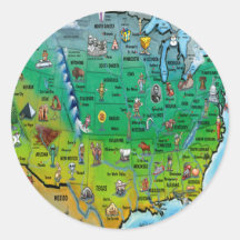 Carte de bande dessinée des Etats-Unis Autocollant Rond
