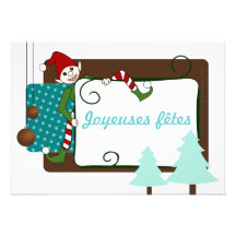 Carte de joyeuses fêtes lutin rigolo et sapin faire-parts