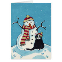 Carte de Noël de chat noir et de bonhomme de neige