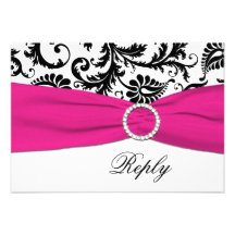 Carte- de réponse noire, blanche, fuchsia de damas faire-parts