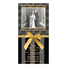 Carte d'or d'anniversaire de damassé noire et gris modèle pour photocarte