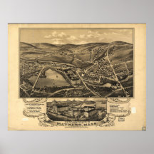 Carte panoramique antique de Maynard le Massachuse Affiche