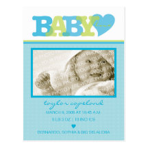 Carte postale bleue de faire-part de naissance d'a