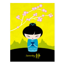 Carte postale bleue de kokeshi