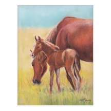 Carte postale d'art de cheval de poulain et de jum