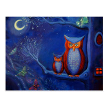 Carte postale d'art de hibou - "la forêt la nuit "