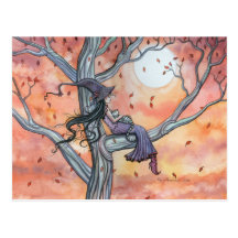 Carte postale de Halloween de chat de sorcière par