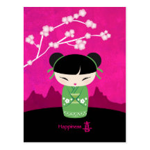 Carte postale verte de Kokeshi
