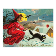 Carte postale vintage de sorcière et de chat
