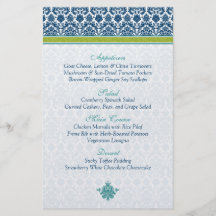 Carte turquoise de menu de damassé de vert de bleu tract personnalisé