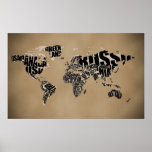 Carte typographique du monde affiche