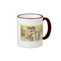 Carte vintage de bonhomme de neige et de femme de  mugs à café