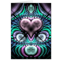 Cartes de voeux rougeoyantes de fractale de coeur