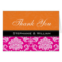 Cartes oranges roses de Merci de mariage damassé