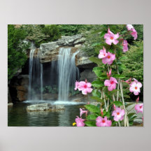 Cascade encadrée par des fleurs poster