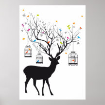Cerfs communs avec les oiseaux et les cages à oise posters