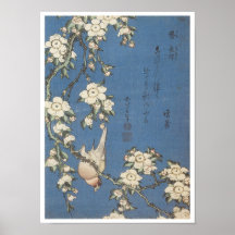 Cerise et bouvreuil pleurants, Hokusai, 1834 Posters