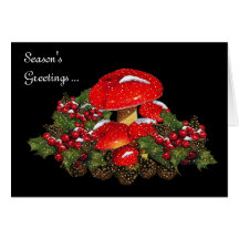 Champignons de Noël sur le noir, neige, houx, pin Cartes De Vœux