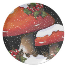 Champignons rouges de Noël, neige, houx, art Assiette