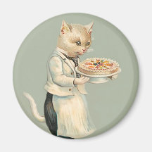 Chat blanc victorien mignon avec le dessert - cru aimant pour réfrigérateur