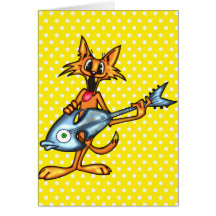 Chat de bande dessinée et guitare de poissons carte de vœux