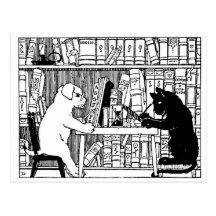 Chat et chien dans la bibliothèque cartes postales