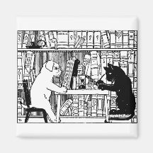 Chat et chien dans la bibliothèque aimants pour réfrigérateur
