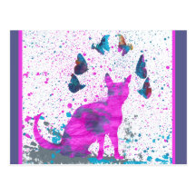 Chat et papillons roses de regarder cartes postales