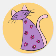 Chat floral pourpre adhésif rond