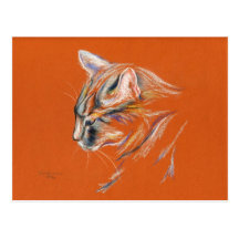 Chat, gris dans le profil - dessin en pastel carte postale