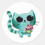Chat mignon de Kitty avec le petit gâteau de Kawai Autocollants Ronds