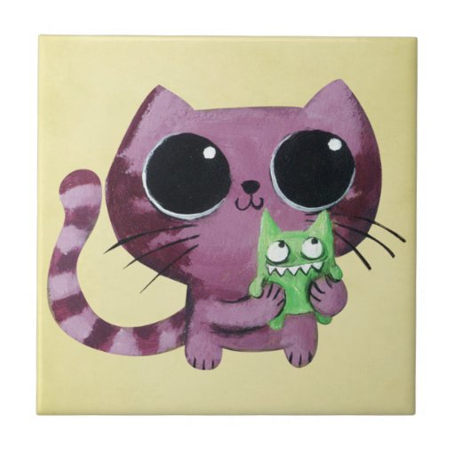 Chat mignon de Kitty avec le petit monstre vert Carreau En Céramique