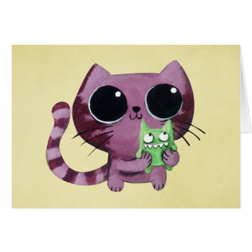 Chat mignon de Kitty avec le petit monstre vert Carte