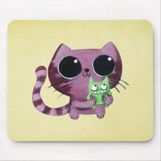 Chat mignon de Kitty avec le petit monstre vert Tapis De Souris