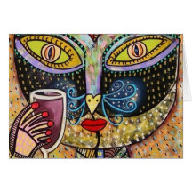 Chat noir buvant du vin rouge cartes