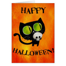 Chat noir de Halloween avec le crâne Carte De Vœux