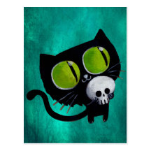 Chat noir de Halloween avec le crâne Carte Postale