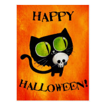 Chat noir de Halloween avec le crâne Cartes Postales
