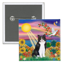 Chat noir et blanc - automne Sun Badges