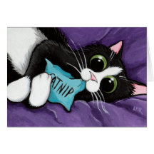Chat noir et blanc avec le coussin de cataire - ar cartes