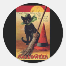 Chat noir vintage de Halloween, balai de sorcière  Autocollant