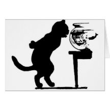 Chat regardant fixement en silhouette noire et bla carte de vœux