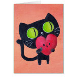 Chat romantique étreignant le coeur mignon rouge carte de vœux