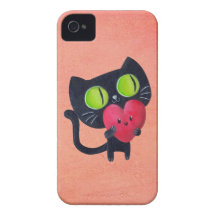 Chat romantique étreignant le coeur mignon rouge étui iPhone 4