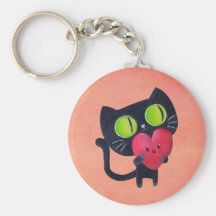 Chat romantique étreignant le coeur mignon rouge porte-clefs