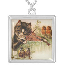 Chat victorien jouant le violon pour des oiseaux c pendentifs